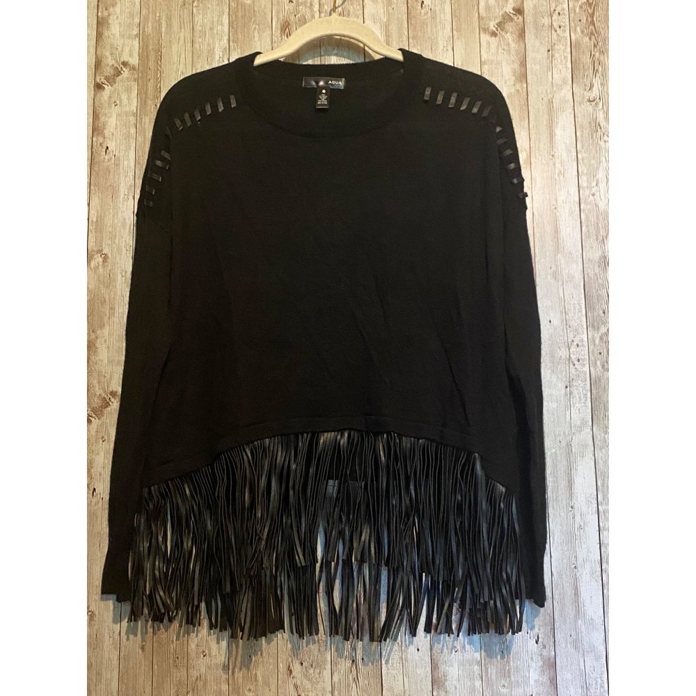 Aqua Black Wool Blend Sweater Fringe Western Biker Women's Size Small